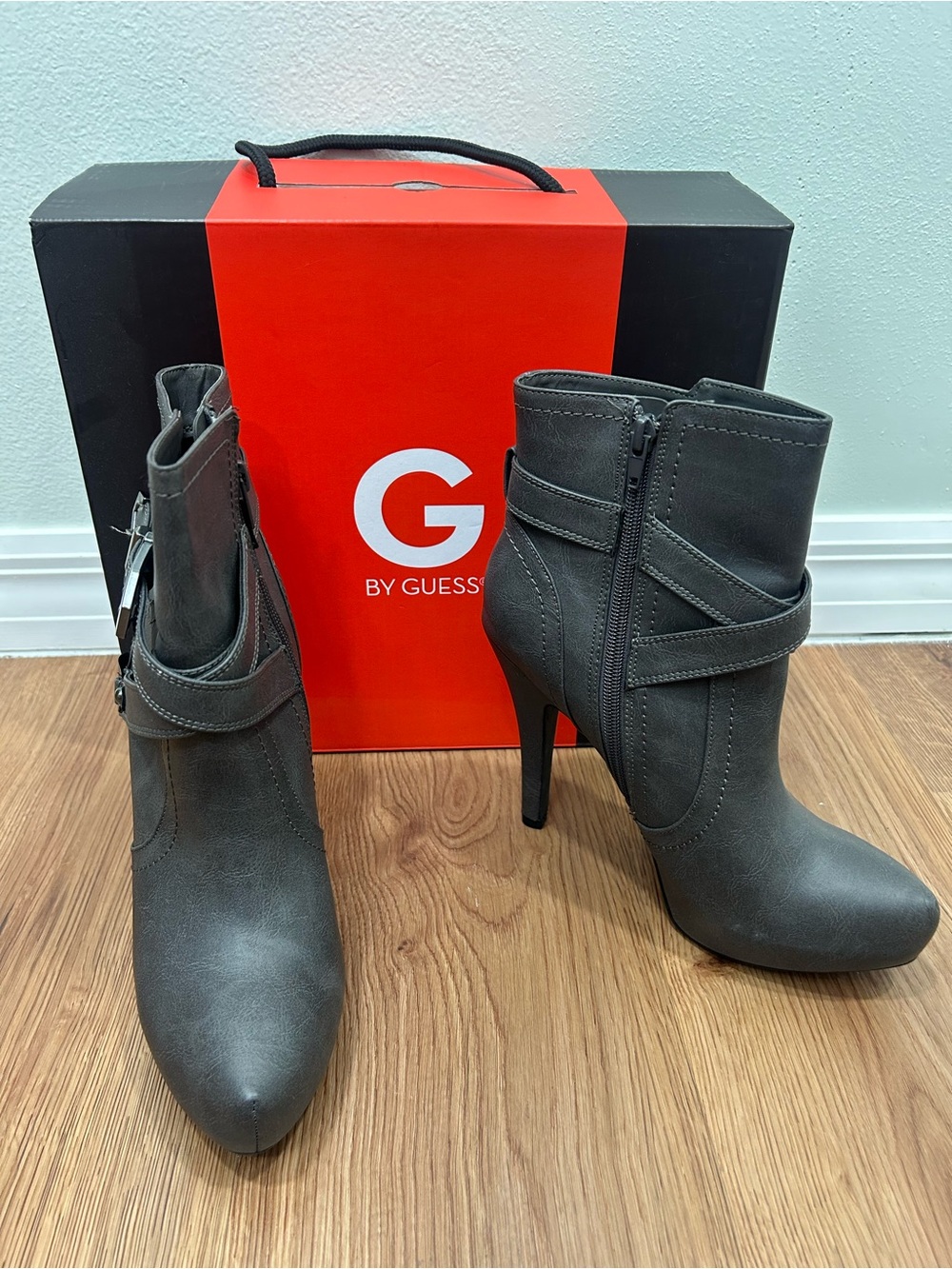 G by Guess Charcoal Gray Pointed Toe Ankle Booties